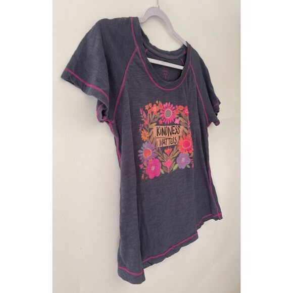 Natural Life Shirt Womens Large Gray Pink Floral Kindness Short Sleeve Tee Top - Picture 2 of 8